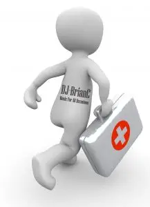 A 3D Character With Text On Its Back Carrying A First Aid Kit, Emergency Dj Services.