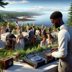 Wedding DJ performing at a coastal Maine outdoor reception