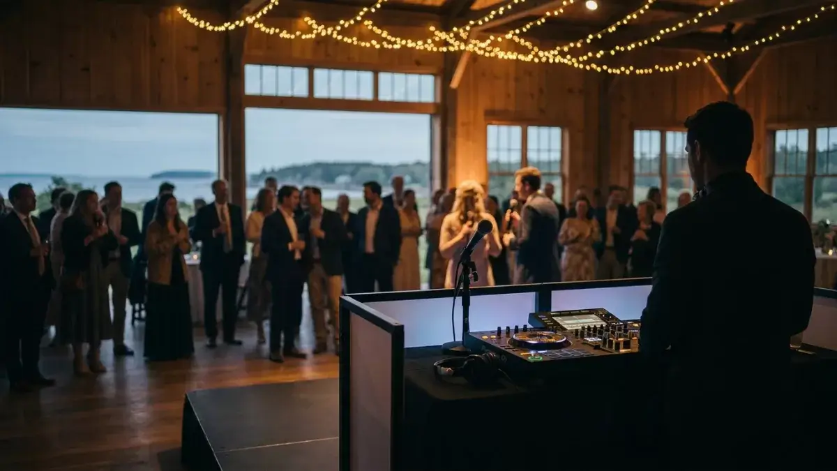 A Professional Karaoke Dj Hosts An Unforgettable Singing Party For A Lively Crowd In Maine.