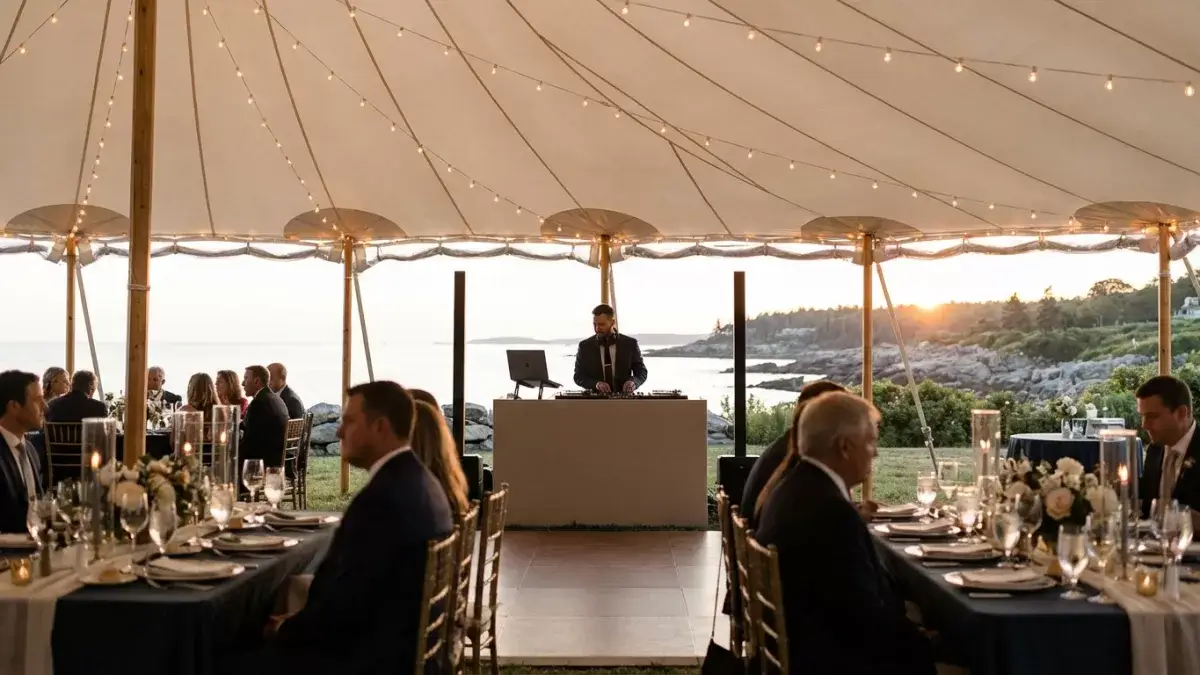Professional Wedding Dj Mixing Music For A Lively Crowd At A Beautiful Maine Reception.