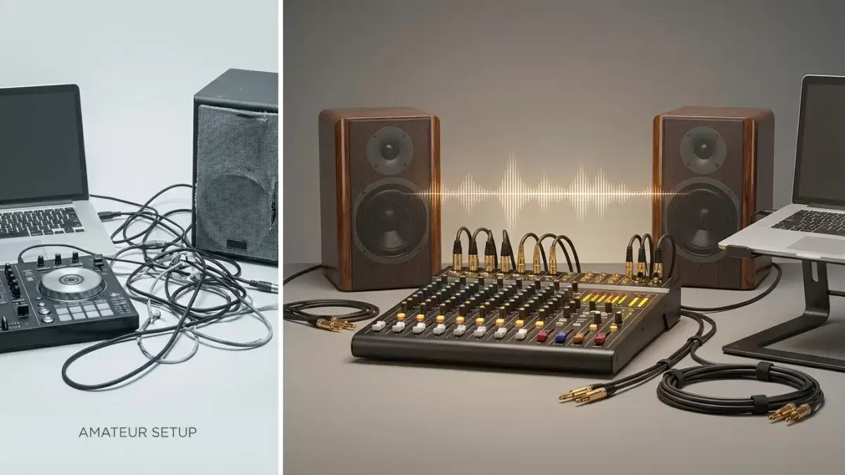 Professional Dj Mixing Board And High-Quality Speakers Set Up For A Flawless Wedding Reception.