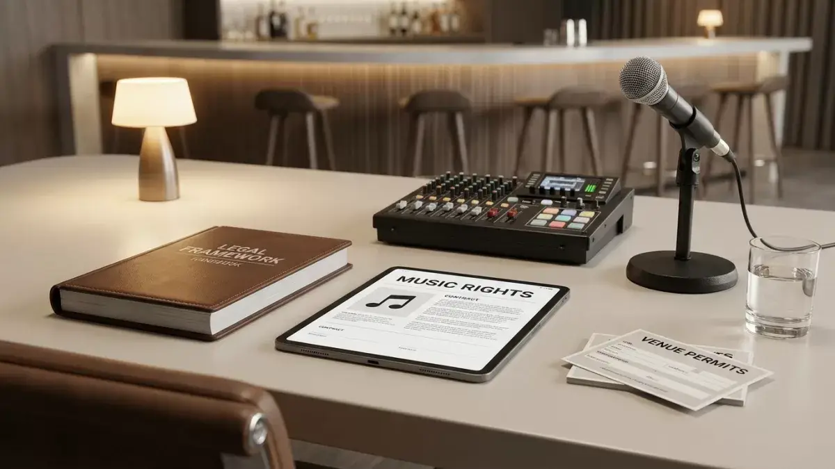 A Venue Owner Reviewing Karaoke Licensing Contracts And Logistical Plans To Ensure Legal Compliance.