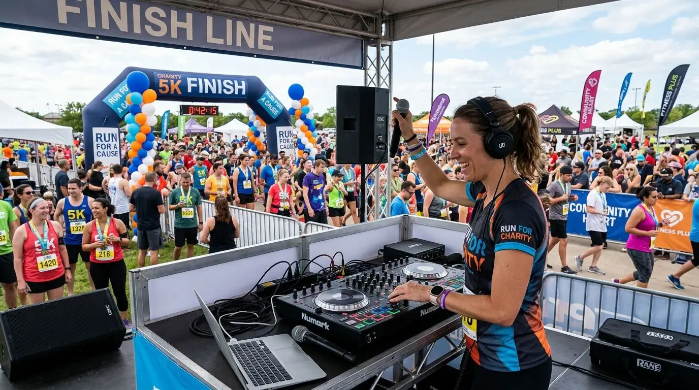 DJ for 5K run and charity walk finish-line events