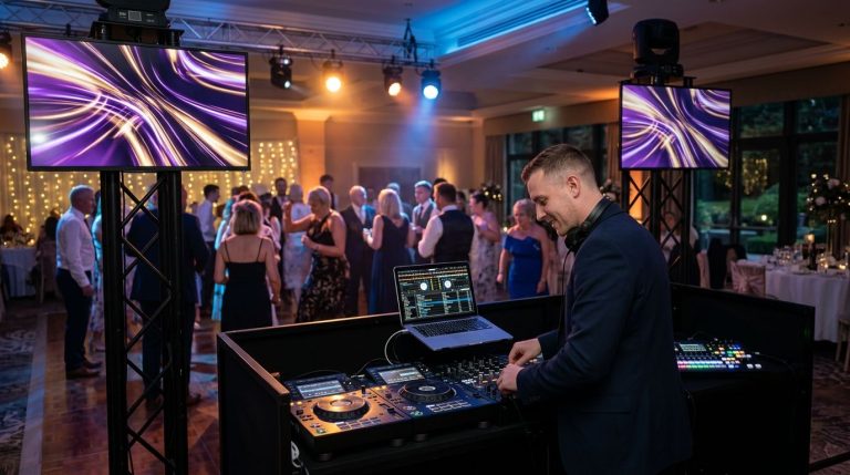How to plan a video DJ setup with screens for a wedding reception